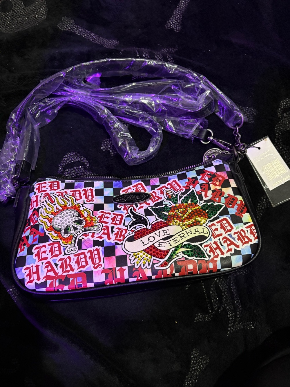 Ed Hardy Pink & Black Checkerboard Crossbody with Graphic 'Love Eternal' Patch